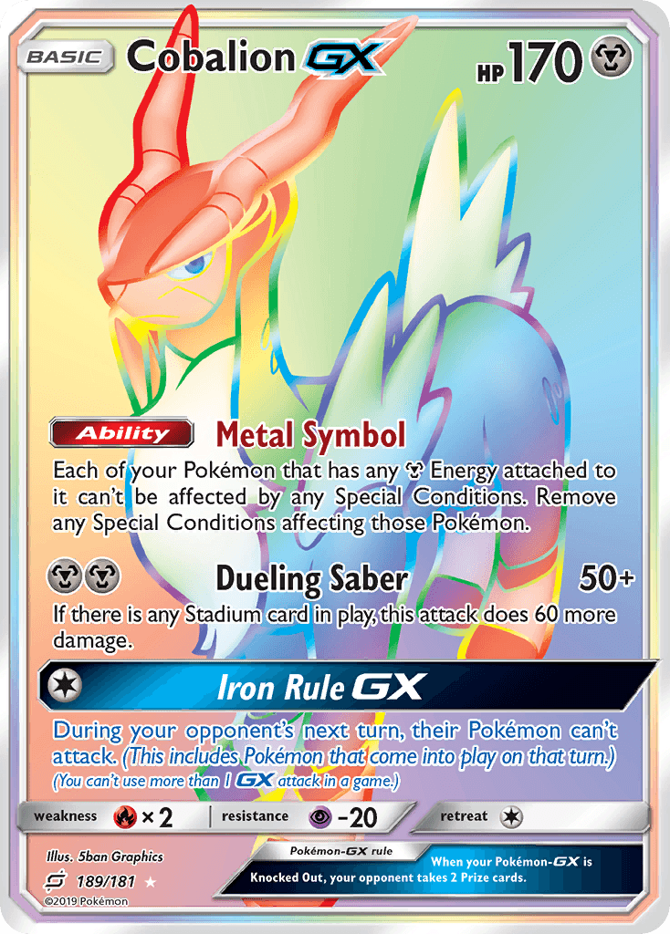189, Fire[×2], Holofoil, Metal, Psychic[-20], Secret Rare, Sun & Moon: Team Up Cobalion GX (189/181) [Sun & Moon: Team Up] - Trading Card World