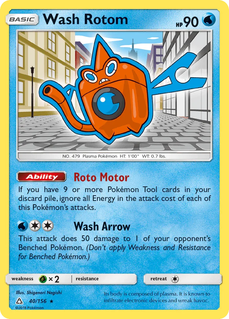 40, Grass[×2], Normal, Rare, Reverse Holofoil, Sun & Moon: Ultra Prism, Water Wash Rotom (40/156) [Sun & Moon: Ultra Prism] - Trading Card World
