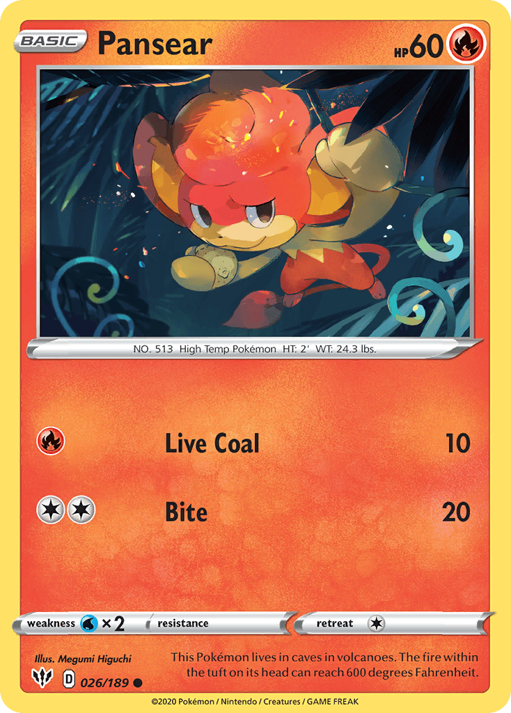 026, Common, Fire, Normal, Reverse Holofoil, Sword & Shield: Darkness Ablaze, Water[×2] Pansear (026/189) [Sword & Shield: Darkness Ablaze] - Trading Card World