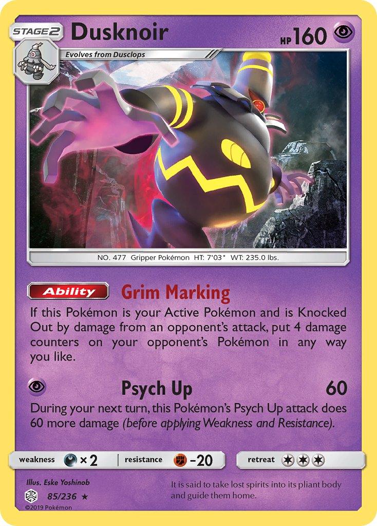 85, Darkness[×2], Fighting[-20], Normal, Psychic, Rare, Sun & Moon: Cosmic Eclipse Dusknoir (85/236) (Prerelease Kit Exclusive) [Sun & Moon: Cosmic Eclipse] - Trading Card World