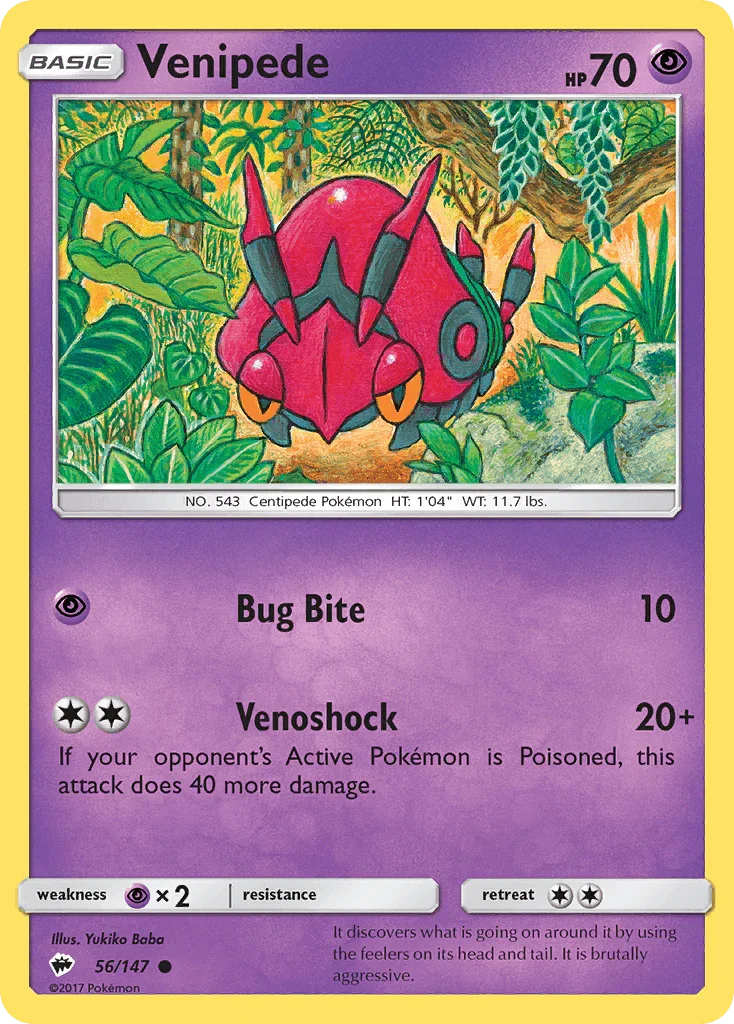 56, Common, Normal, Psychic, Psychic[×2], Reverse Holofoil, Sun & Moon: Burning Shadows Venipede (56/147) [Sun & Moon: Burning Shadows] - Trading Card World
