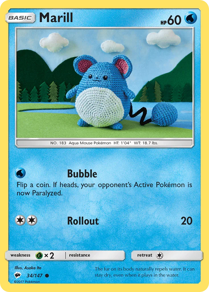 34, Common, Grass[×2], Normal, Reverse Holofoil, Sun & Moon: Burning Shadows, Water Marill (34/147) [Sun & Moon: Burning Shadows] - Trading Card World