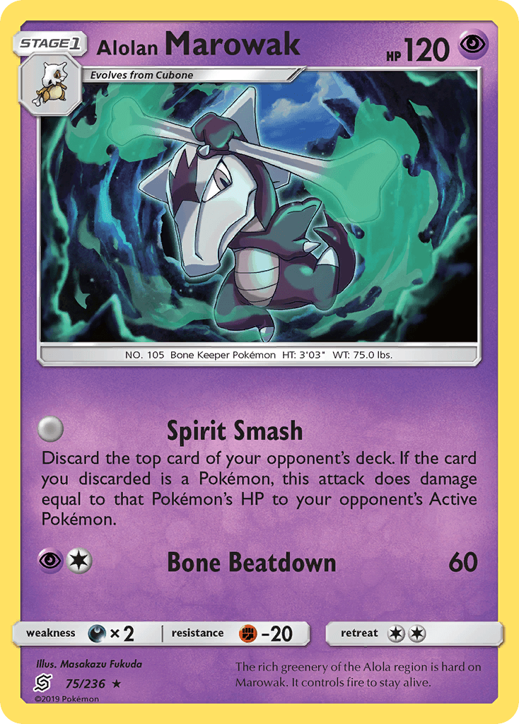75, Darkness[×2], Fighting[-20], Normal, Psychic, Rare, Reverse Holofoil, Sun & Moon: Unified Minds Alolan Marowak (75/236) [Sun & Moon: Unified Minds] - Trading Card World