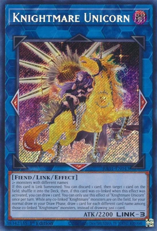 1st Edition, Dark, Fiend, Link/Effect Monster, Rarity Collection (25th Anniversary Edition), Secret Rare Knightmare Unicorn (Alternate Art) [RA01-EN043] Secret Rare - Trading Card World
