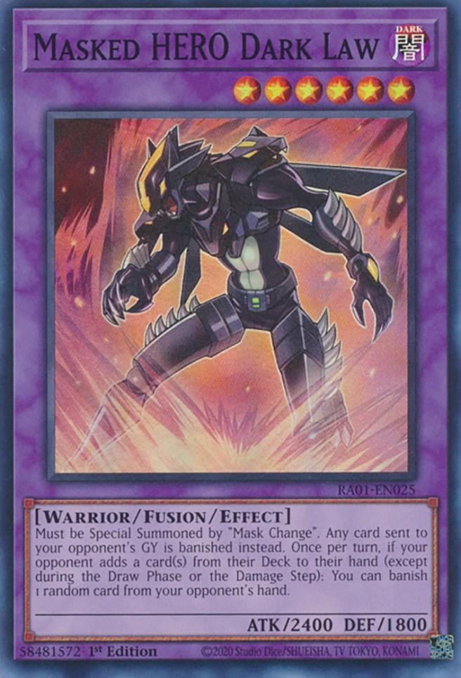 1st Edition, Dark, Fusion/Effect Monster, Rarity Collection (25th Anniversary Edition), Super Rare, Warrior Masked HERO Dark Law [RA01-EN025] Super Rare - Trading Card World