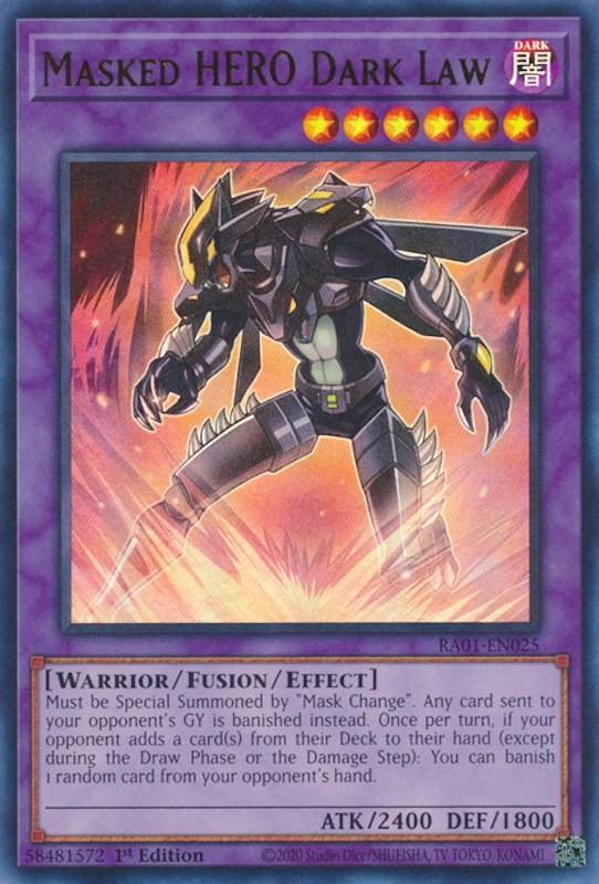 1st Edition, Dark, Effect Fusion Monster, Rarity Collection (25th Anniversary Edition), Ultra Rare, Warrior Masked HERO Dark Law [RA01-EN025] Ultra Rare - Trading Card World