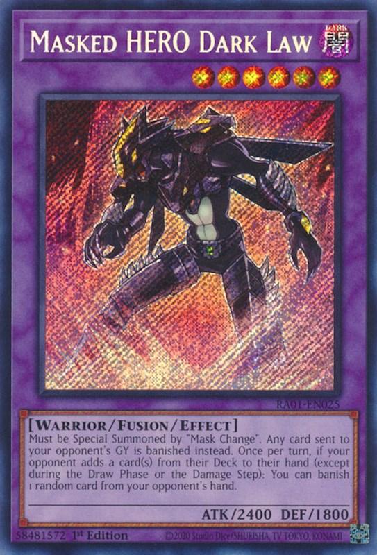 1st Edition, Dark, Fusion/Effect Monster, Rarity Collection (25th Anniversary Edition), Secret Rare, Warrior Masked HERO Dark Law [RA01-EN025] Secret Rare - Trading Card World