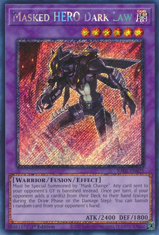1st Edition, Dark, Fusion/Effect Monster, Platinum Secret Rare, Rarity Collection (25th Anniversary Edition), Warrior Masked HERO Dark Law [RA01-EN025] Platinum Secret Rare - Trading Card World