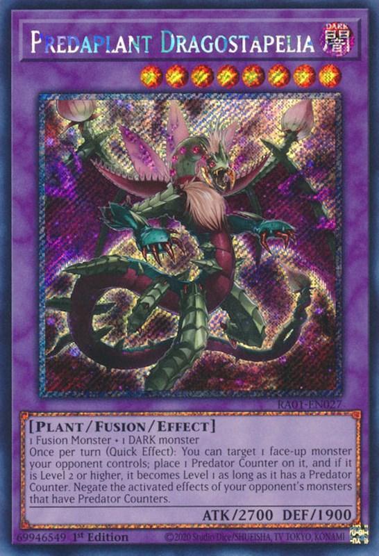 1st Edition, Dark, Fusion/Effect Monster, Plant, Platinum Secret Rare, Rarity Collection (25th Anniversary Edition) Predaplant Dragostapelia [RA01-EN027] Platinum Secret Rare - Trading Card World