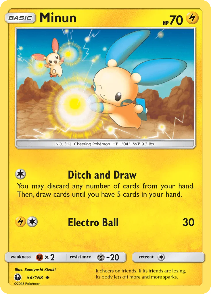 54, Fighting[×2], Lightning, Metal[-20], Normal, Reverse Holofoil, Sun & Moon: Celestial Storm, Uncommon Minun (54/168) [Sun & Moon: Celestial Storm] - Trading Card World