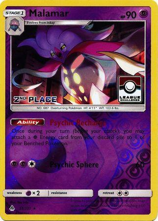 51, Promo, Psychic, Psychic[×2], Reverse Holofoil, Sun & Moon: Forbidden Light Malamar (51/131) (League Promo 2nd Place) [Sun & Moon: Forbidden Light] - Trading Card World
