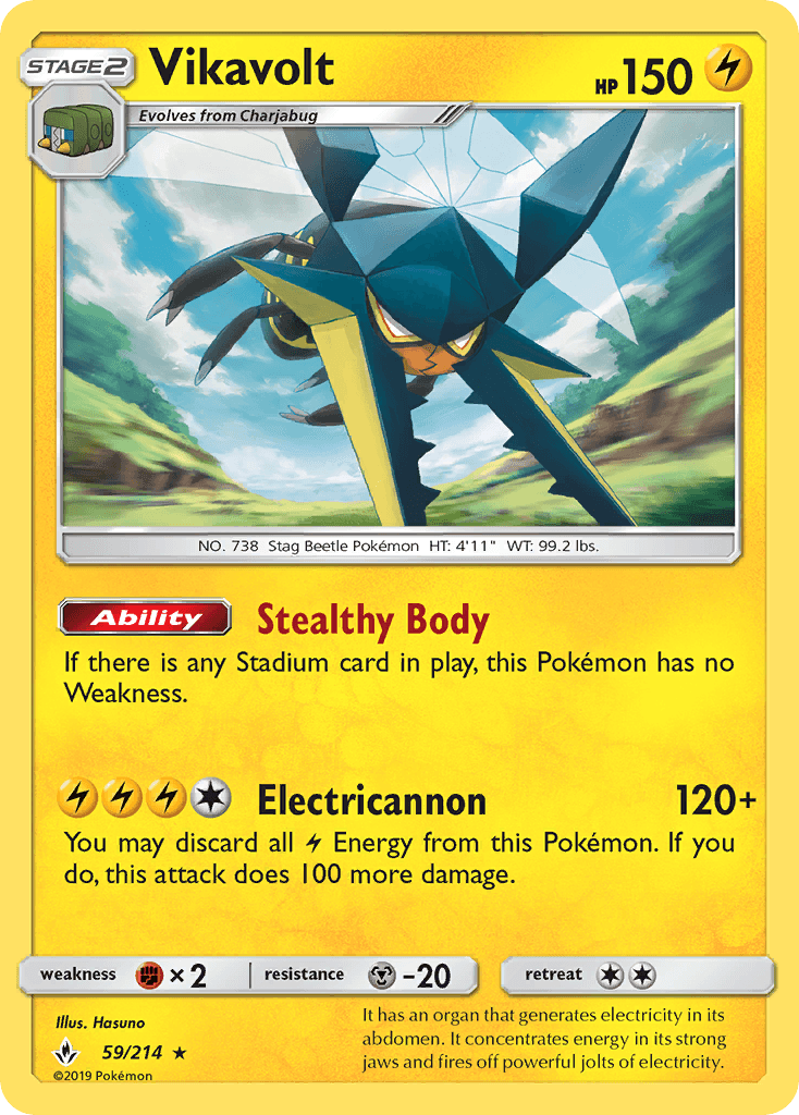 59, Fighting[×2], Holo Rare, Holofoil, Lightning, Metal[-20], Reverse Holofoil, Sun & Moon: Unbroken Bonds Vikavolt (59/214) [Sun & Moon: Unbroken Bonds] - Trading Card World