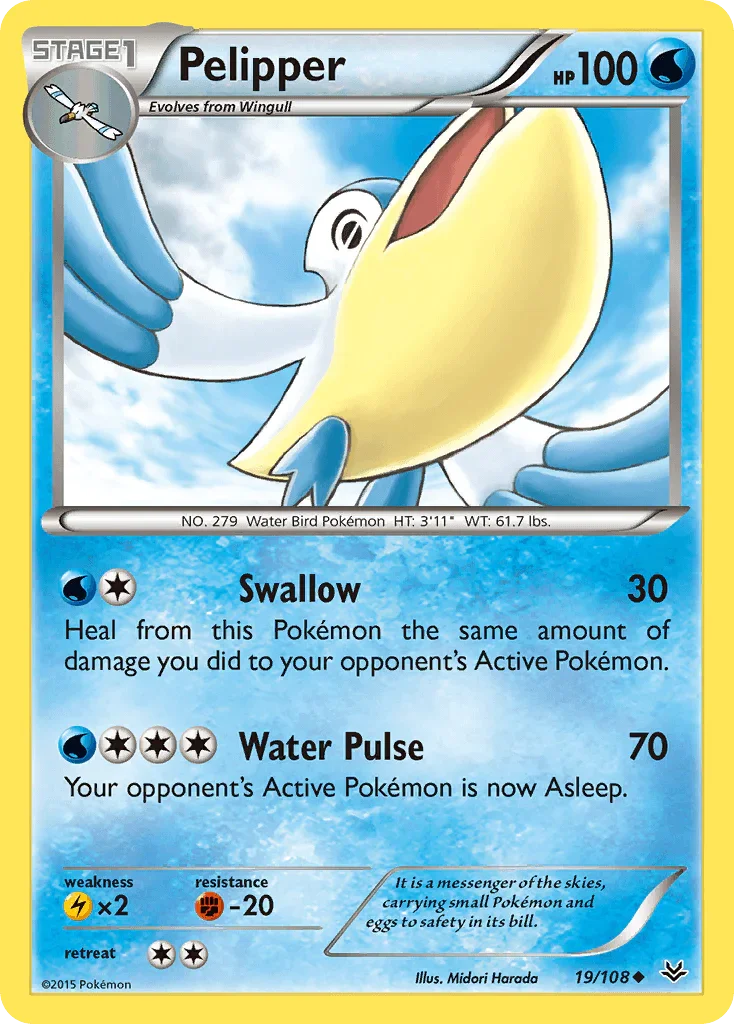 19, Fighting[-20], Lightning[×2], Normal, Reverse Holofoil, Uncommon, Water, XY: Roaring Skies Pelipper (19/108) [XY: Roaring Skies] - Trading Card World