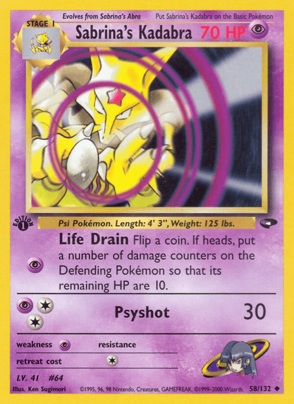 1st Edition Normal, 58, Gym Challenge 1st Edition, Psychic, Psychic[×2], Uncommon Sabrina's Kadabra (58/132) [Gym Challenge 1st Edition] - Trading Card World