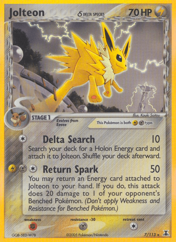 EX: Delta Species, Fighting[×2], Holo Rare, Holofoil, Lightning, Metal, Metal[-30] Jolteon (7/113) (Delta Species) [EX: Delta Species] - Trading Card World