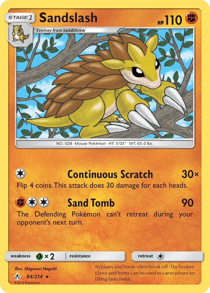 84, Fighting, Grass[×2], Normal, Rare, Reverse Holofoil, Sun & Moon: Unbroken Bonds Sandslash (84/214) [Sun & Moon: Unbroken Bonds] - Trading Card World