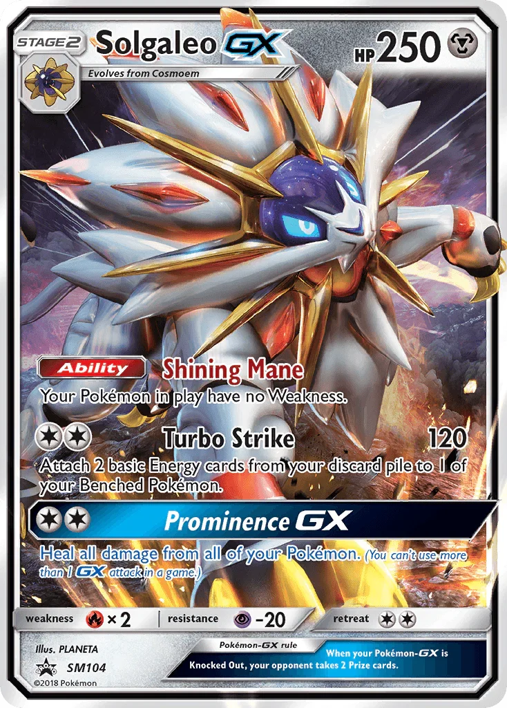 Fire [x2], Holofoil, Metal, Promo, Psychic [-20], SM104, Sun & Moon: Black Star Promos Solgaleo GX (SM104) [Sun & Moon: Black Star Promos] - Trading Card World