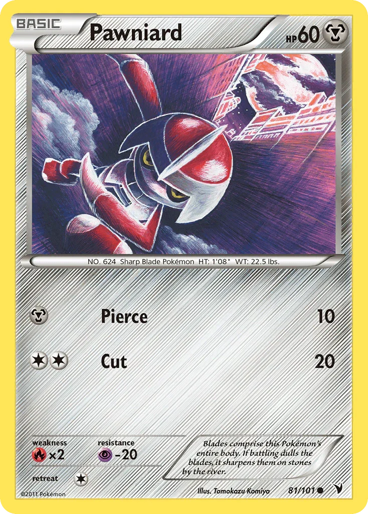 81, Black & White: Noble Victories, Common, Fire[×2], Metal, Normal, Psychic[-20], Reverse Holofoil Pawniard (81/101) [Black & White: Noble Victories] - Trading Card World