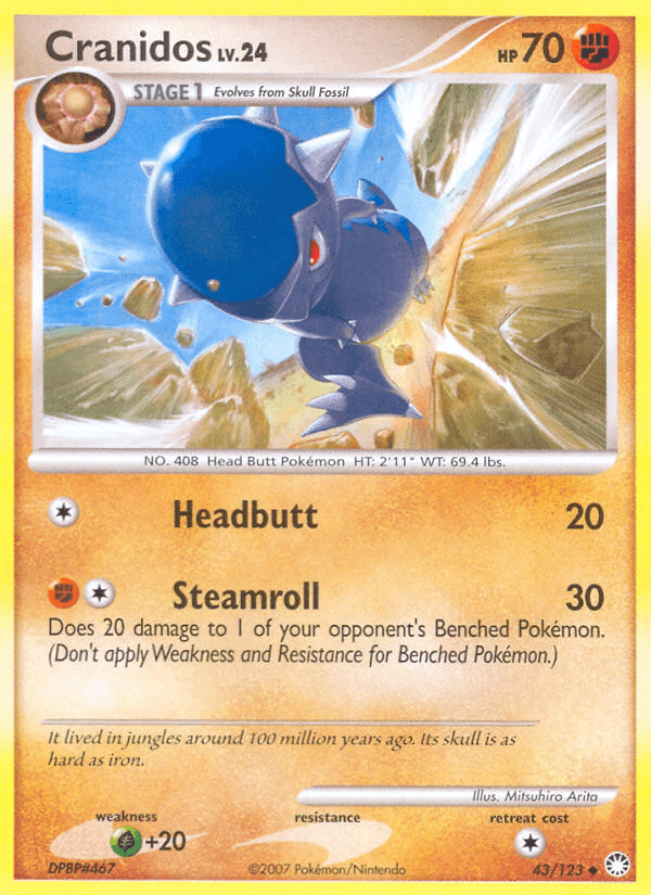 43, Diamond & Pearl: Mysterious Treasures, Fighting, Grass[+20], Normal, Reverse Holofoil, Uncommon Cranidos (43/123) [Diamond & Pearl: Mysterious Treasures] - Trading Card World