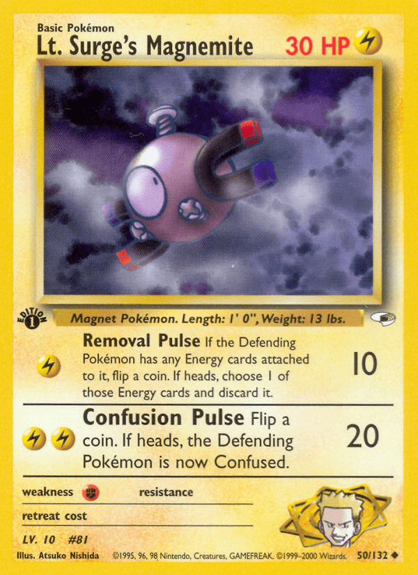 1st Edition Normal, 50, Fighting[×2], Gym Heroes 1st Edition, Lightning, Uncommon Lt. Surge's Magnemite (50/132) [Gym Heroes 1st Edition] - Trading Card World