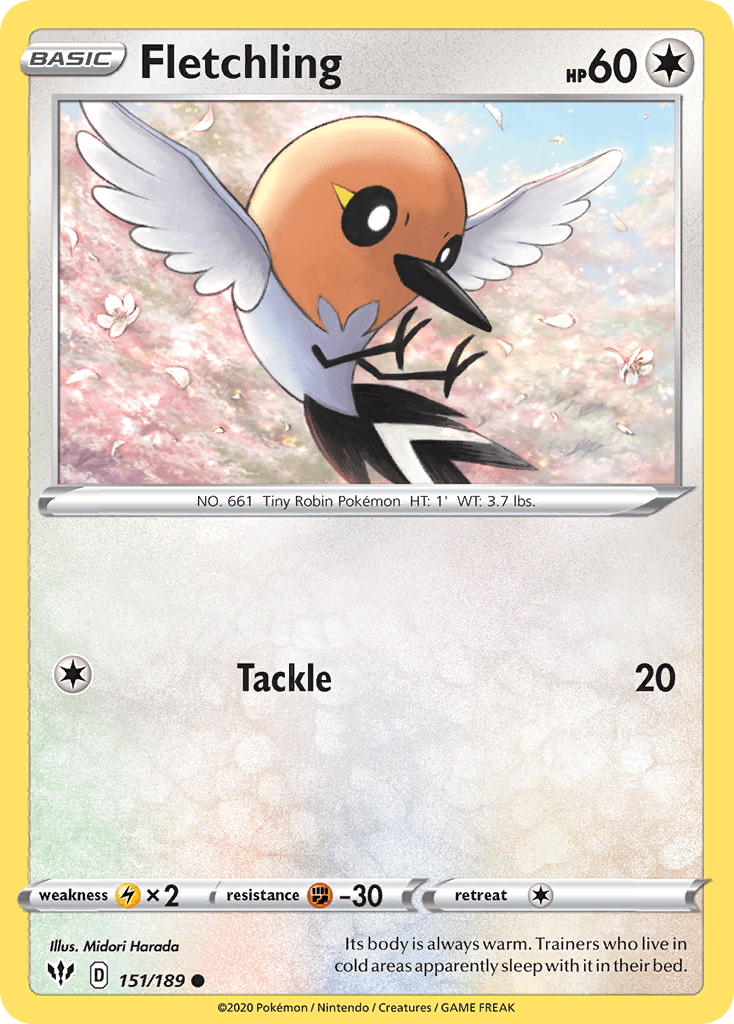 151, Colorless, Common, Fighting[-30], Lightning[×2], Normal, Reverse Holofoil, Sword & Shield: Darkness Ablaze Fletchling (151/189) [Sword & Shield: Darkness Ablaze] - Trading Card World