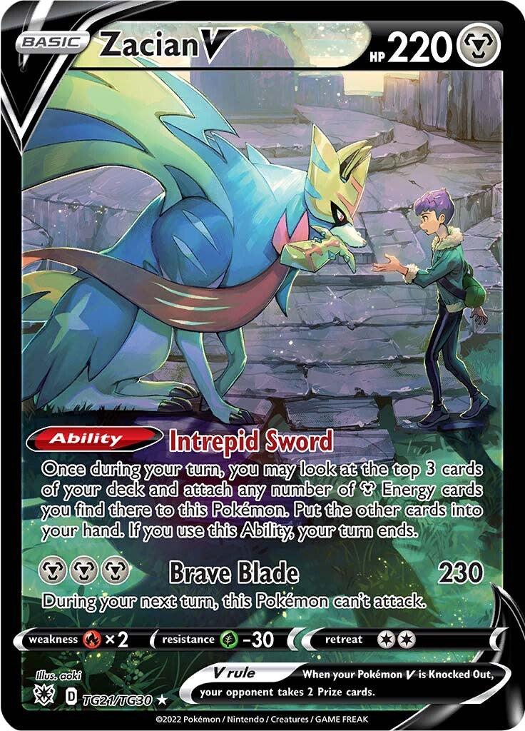 Fire [x2], Gras [-30], Holofoil, Metal, Secret Rare, Sword & Shield: Astral Radiance, TG21 Zacian V (TG21/TG30) [Sword & Shield: Astral Radiance] - Trading Card World