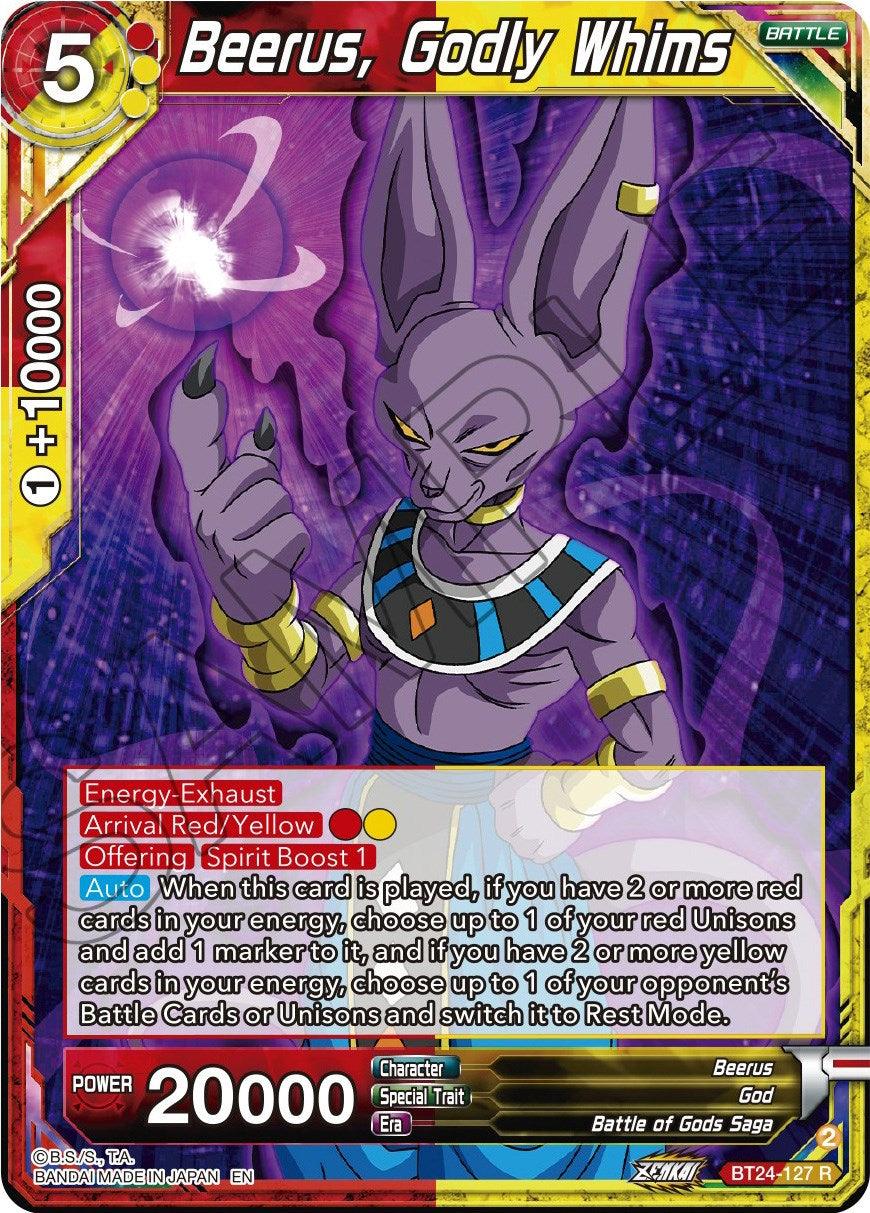 Battle, Battle of Gods Saga, Beerus, Beyond Generations, BT24-127, God, Normal, Parallel Foil, Rare, Red;Yellow Beerus, Godly Whims (BT24-127) [Beyond Generations] - Trading Card World
