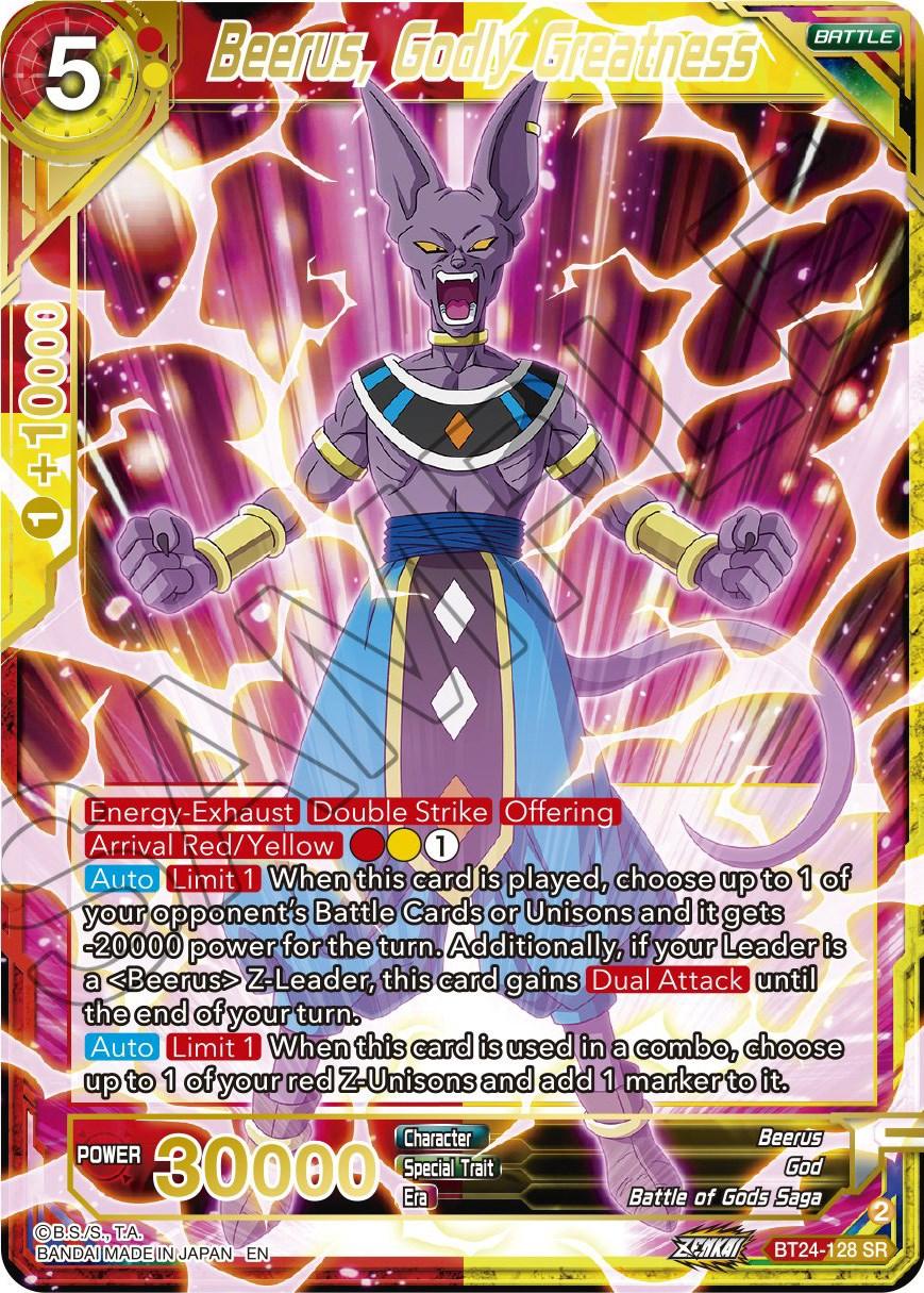 Battle, Battle of Gods Saga, Beerus, Beyond Generations, BT24-128, God, Parallel Foil, Red;Yellow, Super Rare Beerus, Godly Greatness (BT24-128) [Beyond Generations] - Trading Card World