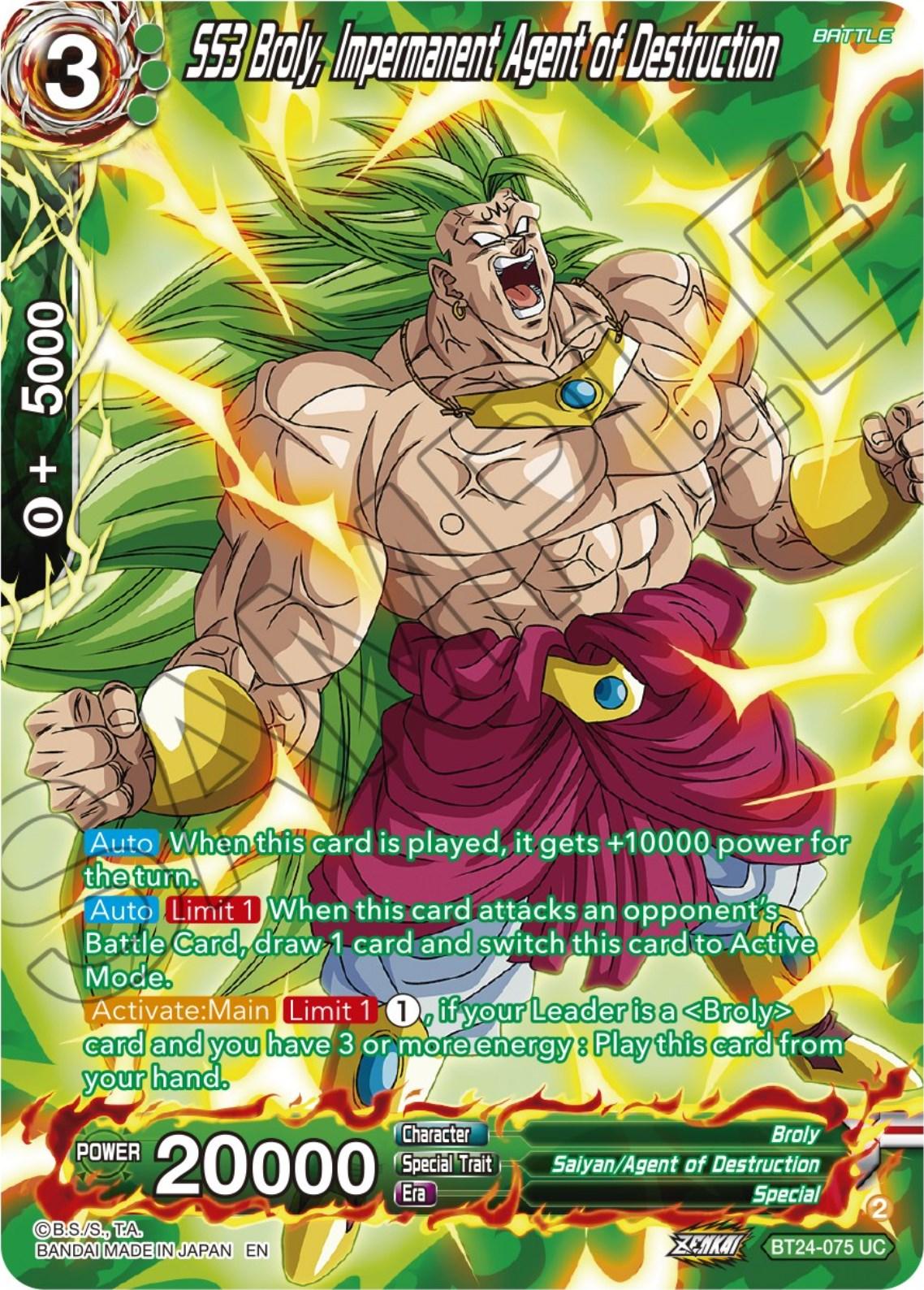 Battle, Beyond Generations, Broly, BT24-075, Green, Parallel Foil, Saiyan/Agent of Destruction, Special, Uncommon SS3 Broly, Impermanent Agent of Destruction (Collector Booster) (BT24-075) [Beyond Generations] - Trading Card World