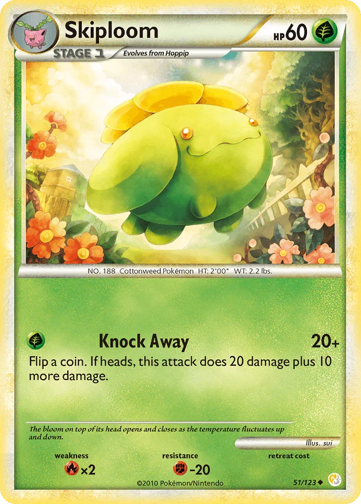 51, Fighting[-20], Fire[×2], Grass, HeartGold & SoulSilver: Base Set, Normal, Reverse Holofoil, Uncommon Skiploom (51/123) [HeartGold & SoulSilver: Base Set] - Trading Card World