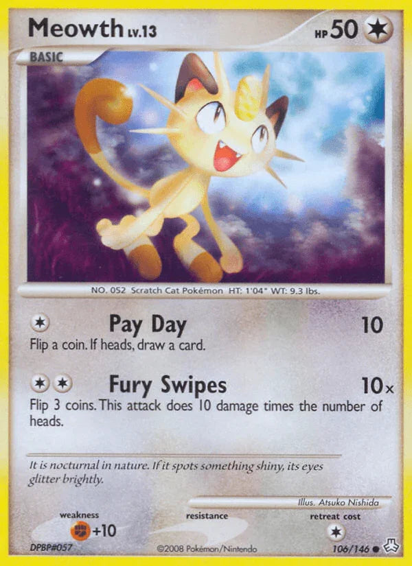 106, Colorless, Common, Diamond & Pearl: Legends Awakened, Fighting[+10], Normal, Reverse Holofoil Meowth (106/146) [Diamond & Pearl: Legends Awakened] - Trading Card World