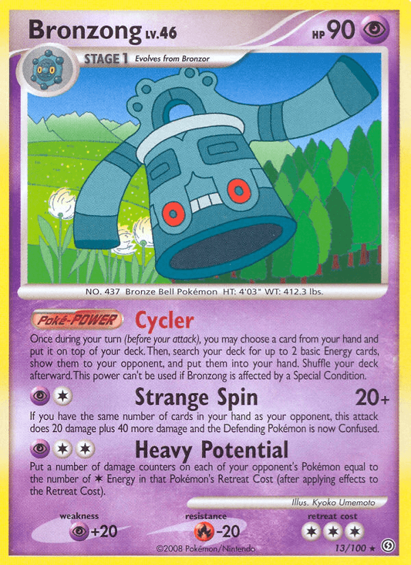 13, Diamond & Pearl: Stormfront, Fire[-20], Normal, Psychic, Psychic[+20], Rare, Reverse Holofoil Bronzong (13/100) [Diamond & Pearl: Stormfront] - Trading Card World