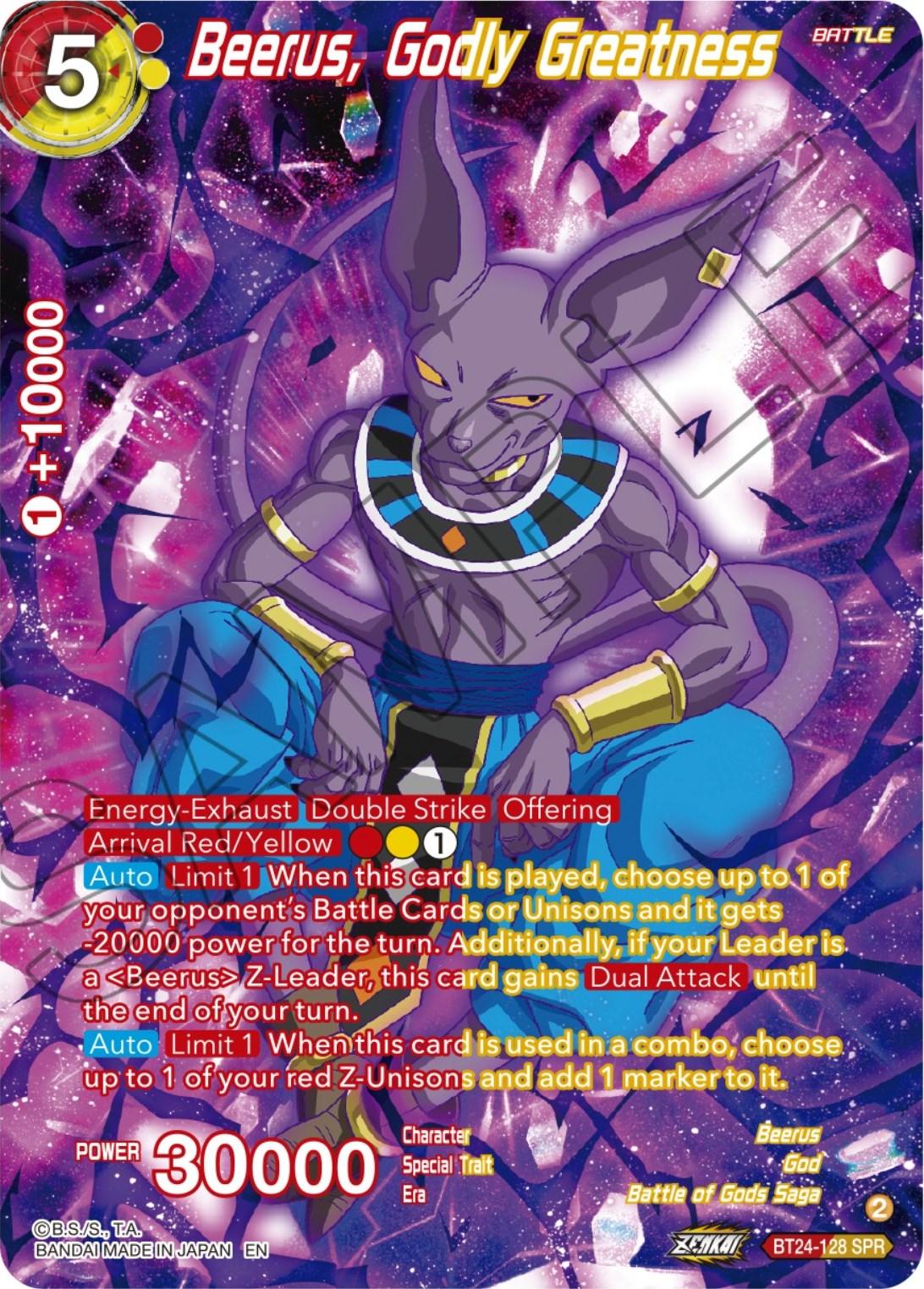 Battle, Battle of Gods Saga, Beerus, Beyond Generations, BT24-128, God, Parallel Foil, Red;Yellow, Special Rare Beerus, Godly Greatness (SPR) (BT24-128) [Beyond Generations] - Trading Card World