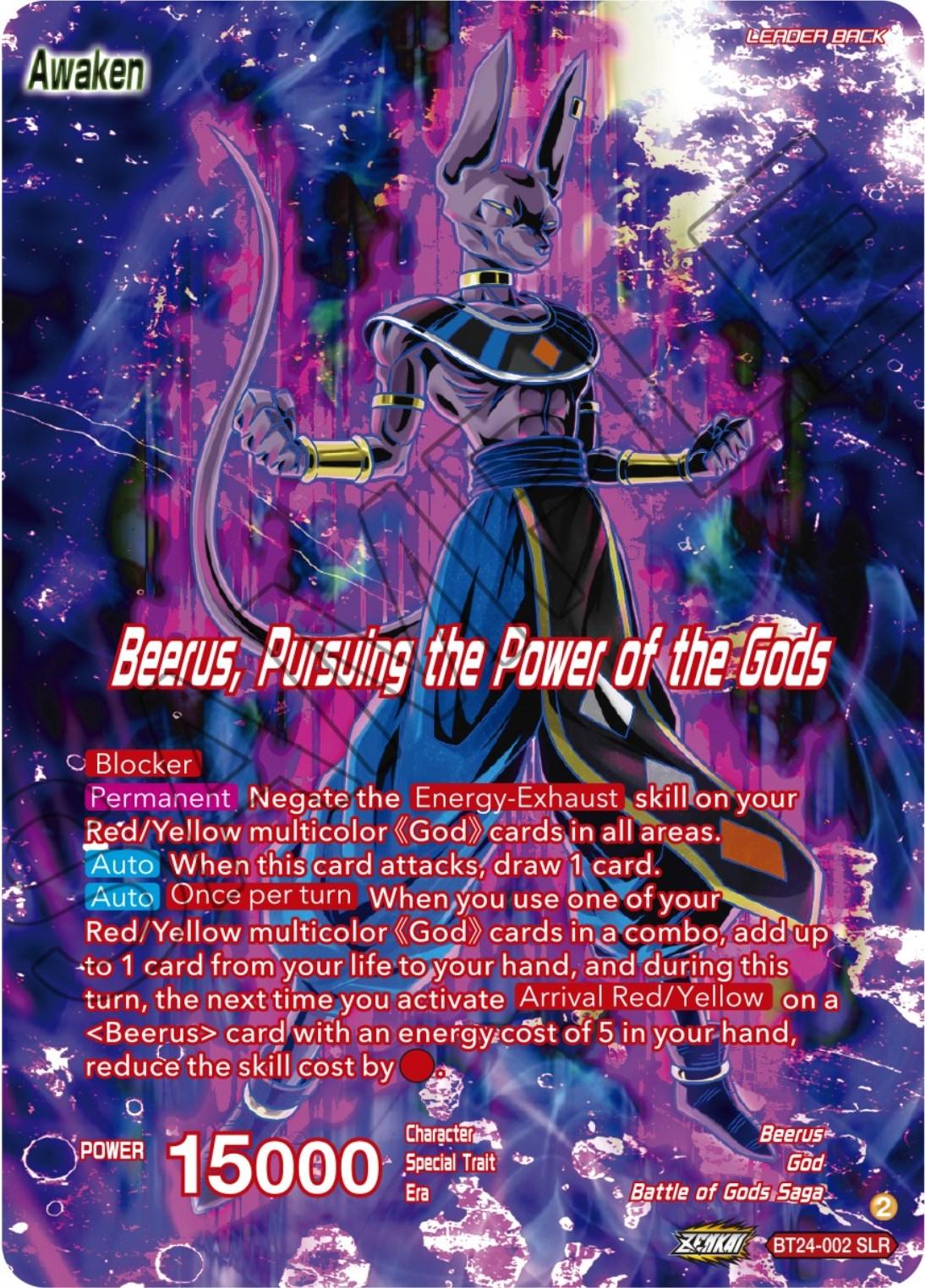 Battle of Gods Saga, Beerus, Beyond Generations, BT24-002, God, Leader, Parallel Foil, Red, Special Leader Rare Beerus // Beerus, Pursuing the Power of the Gods (SLR) (BT24-002) [Beyond Generations] - Trading Card World