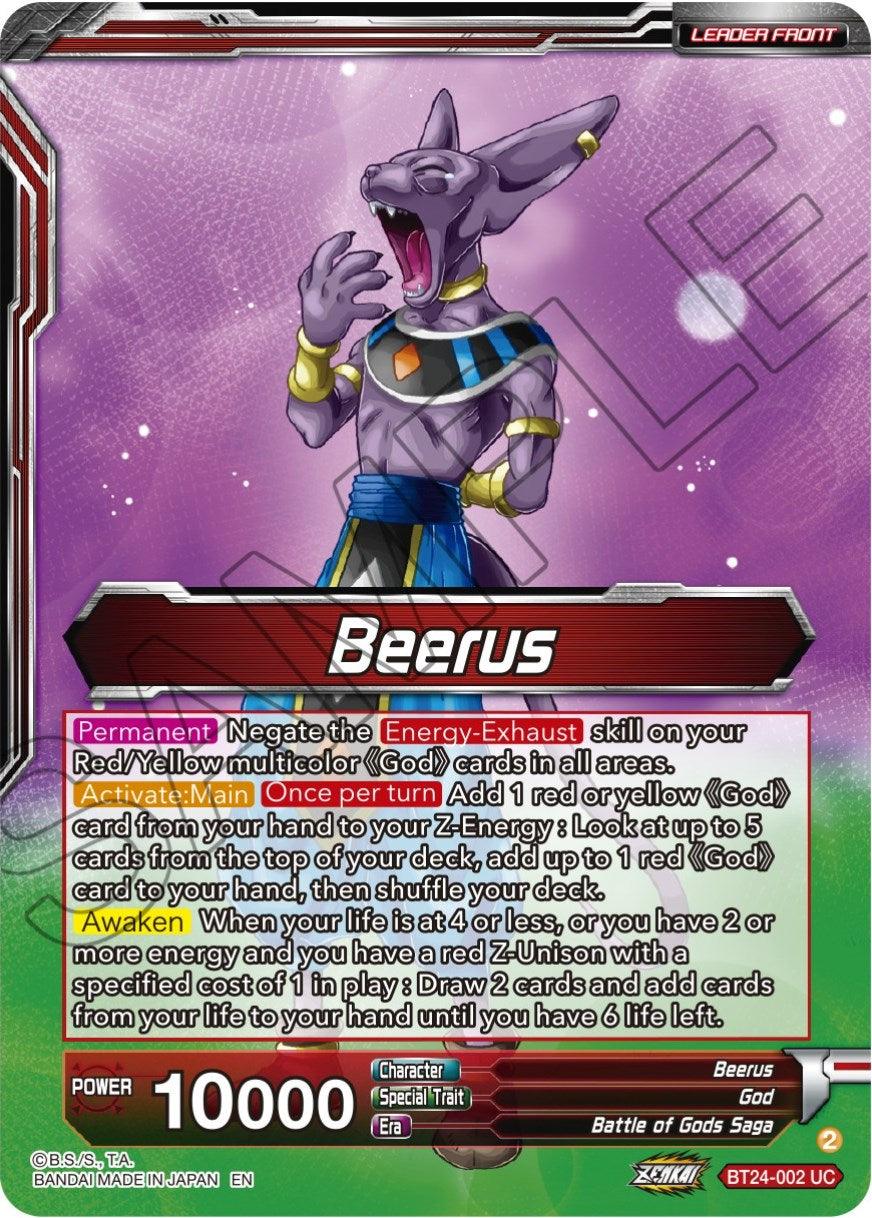 Battle of Gods Saga, Beerus, Beyond Generations, BT24-002, God, Leader, Parallel Foil, Red, Special Leader Rare Beerus // Beerus, Pursuing the Power of the Gods (SLR) (BT24-002) [Beyond Generations] - Trading Card World
