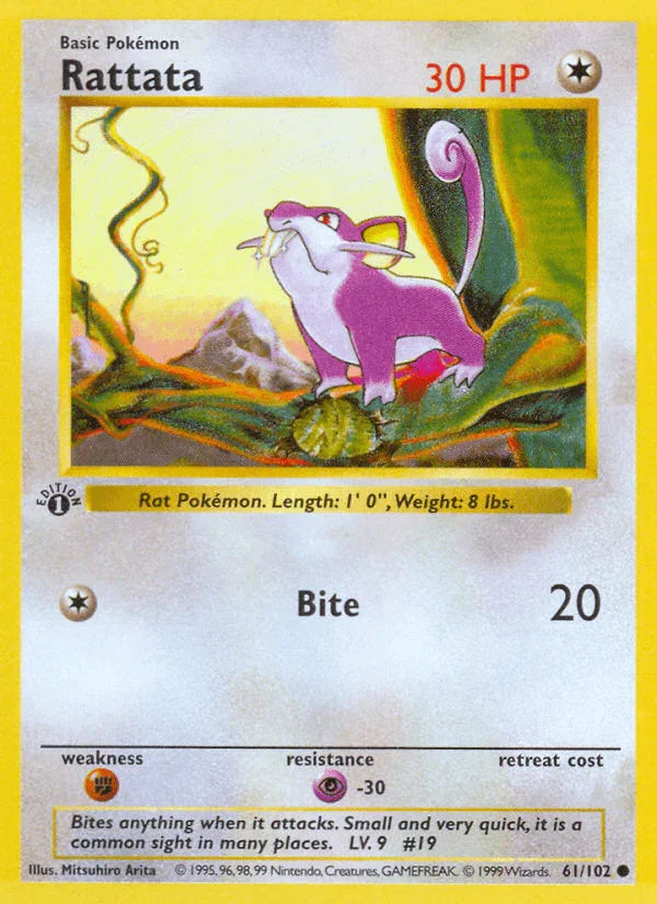 1st Edition Normal, 61, Base Set 1st Edition, Colorless, Common, Fighting[×2], Psychic[-30] Rattata (61/102) (Shadowless) [Base Set 1st Edition] - Trading Card World