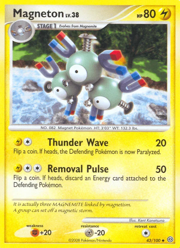 43, Diamond & Pearl: Stormfront, Fighting[+20], Lightning, Metal[-20], Normal, Reverse Holofoil, Uncommon Magneton (43/100) [Diamond & Pearl: Stormfront] - Trading Card World