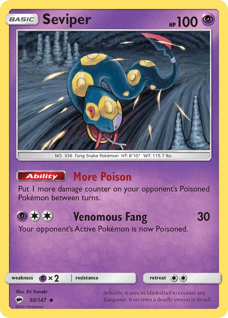50, Normal, Psychic, Psychic[×2], Reverse Holofoil, Sun & Moon: Burning Shadows, Uncommon Seviper (50/147) [Sun & Moon: Burning Shadows] - Trading Card World