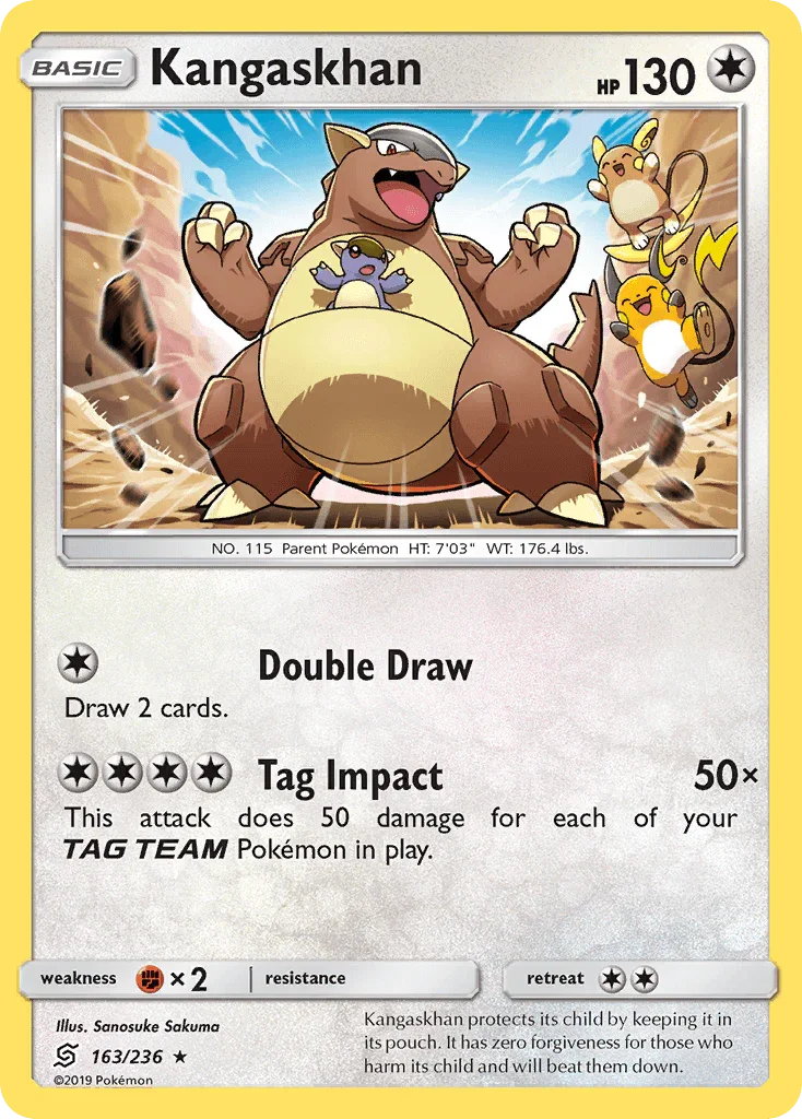 163, Colorless, Fighting[×2], Holo Rare, Holofoil, Reverse Holofoil, Sun & Moon: Unified Minds Kangaskhan (163/236) [Sun & Moon: Unified Minds] - Trading Card World