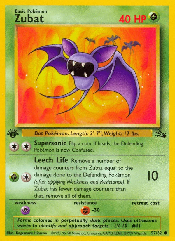 1st Edition Normal, 57, Common, Fighting[-30], Fossil 1st Edition, Grass, Psychic[×2] Zubat (57/62) [Fossil 1st Edition] - Trading Card World