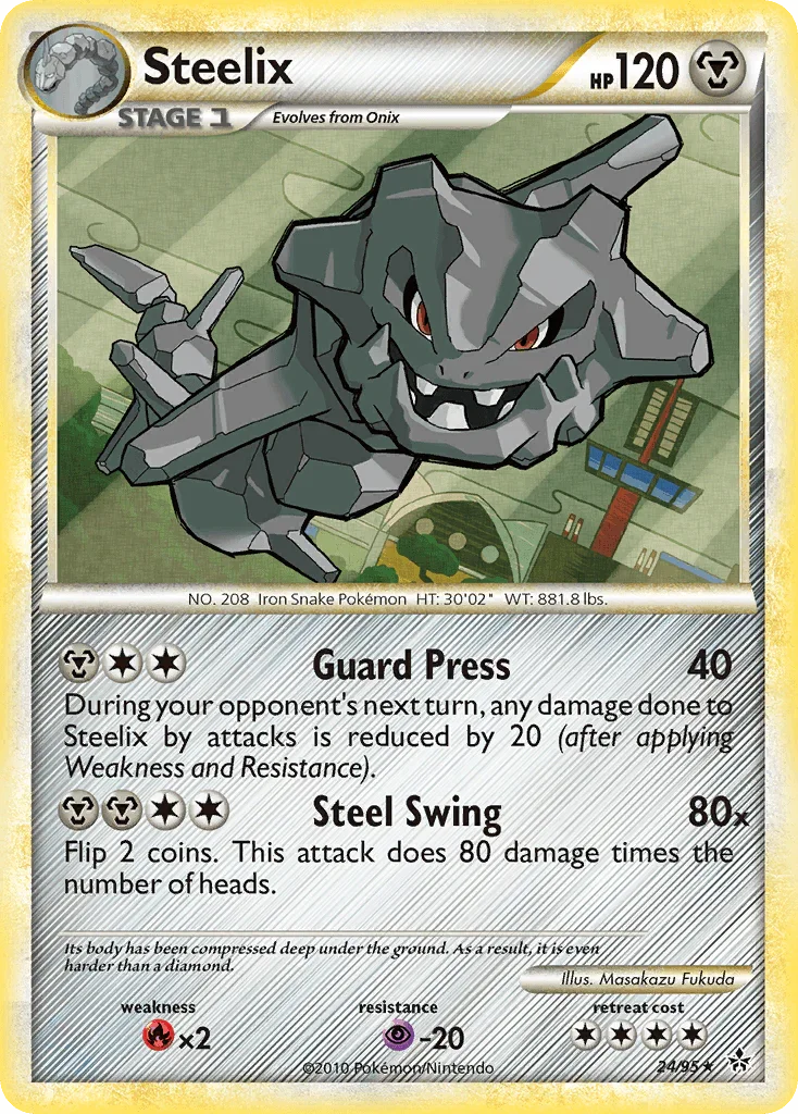 24, Fire[×2], HeartGold & SoulSilver: Unleashed, Metal, Normal, Psychic[-20], Rare, Reverse Holofoil Steelix (24/95) [HeartGold & SoulSilver: Unleashed] - Trading Card World