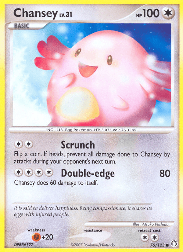 76, Colorless, Common, Diamond & Pearl: Mysterious Treasures, Fighting[+20], Normal, Reverse Holofoil Chansey (76/123) [Diamond & Pearl: Mysterious Treasures] - Trading Card World