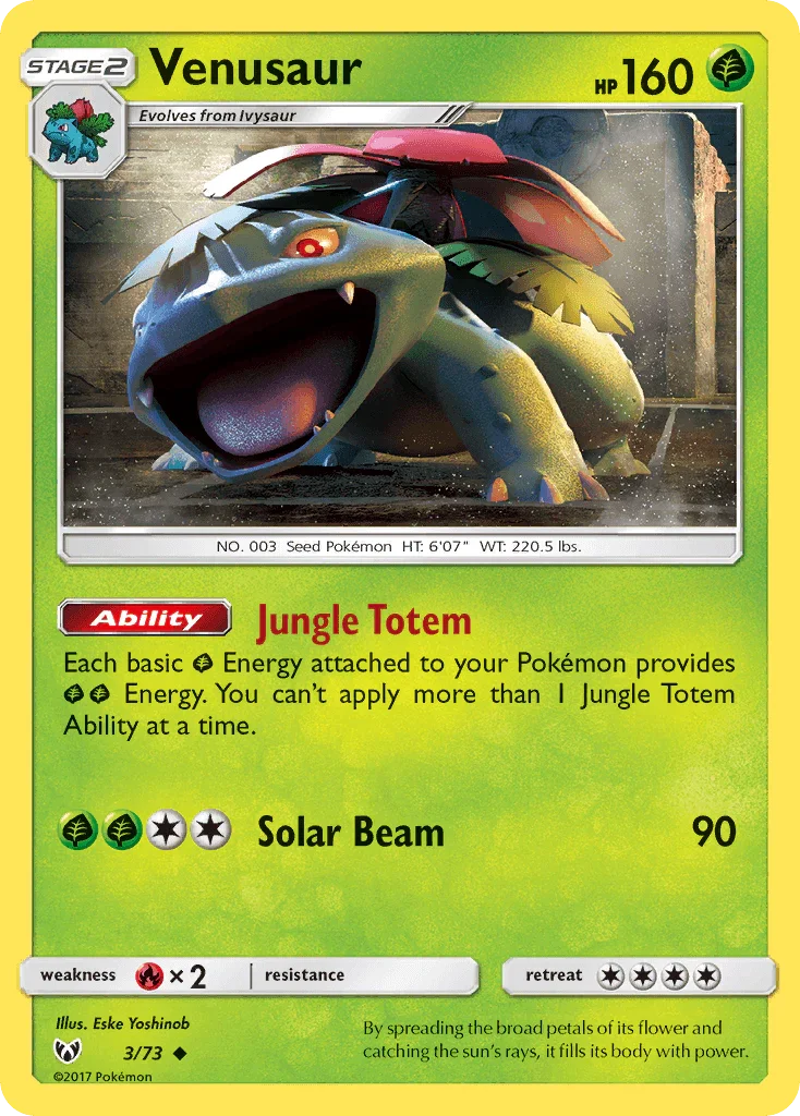 Fire[×2], Grass, Normal, Reverse Holofoil, Sun & Moon: Shining Legends, Uncommon Venusaur (3/73) [Sun & Moon: Shining Legends] - Trading Card World