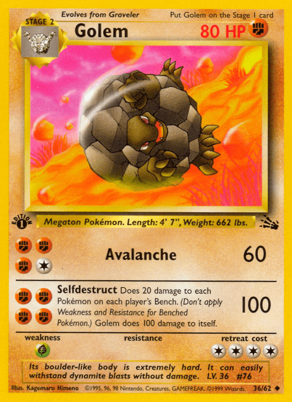 1st Edition Normal, 36, Fighting, Fossil 1st Edition, Grass[×2], Uncommon Golem (36/62) [Fossil 1st Edition] - Trading Card World