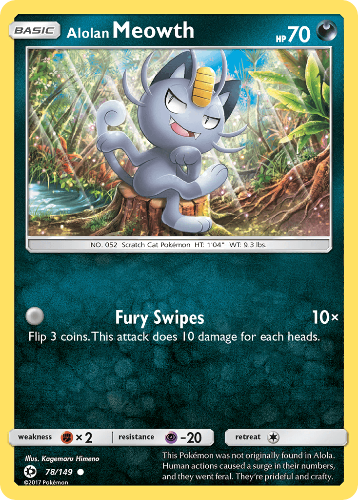 78, Common, Darkness, Fighting[×2], Normal, Psychic[-20], Reverse Holofoil, Sun & Moon: Base Set Alolan Meowth (78/149) [Sun & Moon: Base Set] - Trading Card World