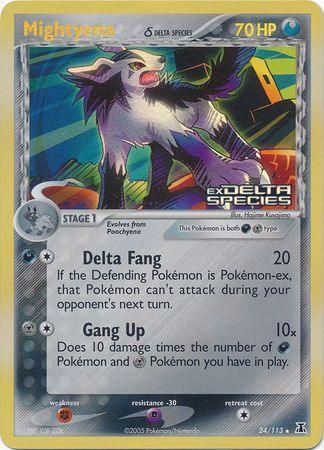 24, Darkness, EX: Delta Species, Fighting[×2], Metal, Psychic[-30], Rare, Reverse Holofoil Mightyena (24/113) (Delta Species) (Stamped) [EX: Delta Species] - Trading Card World