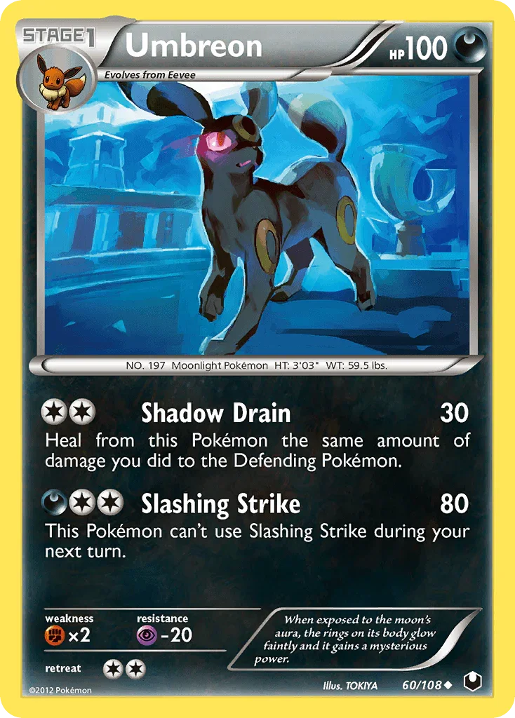 60, Black & White: Dark Explorers, Darkness, Fighting[×2], Normal, Psychic[-20], Reverse Holofoil, Uncommon Umbreon (60/108) [Black & White: Dark Explorers] - Trading Card World