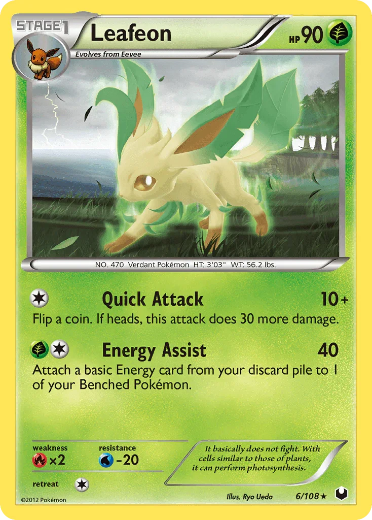 Black & White: Dark Explorers, Fire[×2], Grass, Normal, Rare, Reverse Holofoil, Water[-20] Leafeon (6/108) [Black & White: Dark Explorers] - Trading Card World