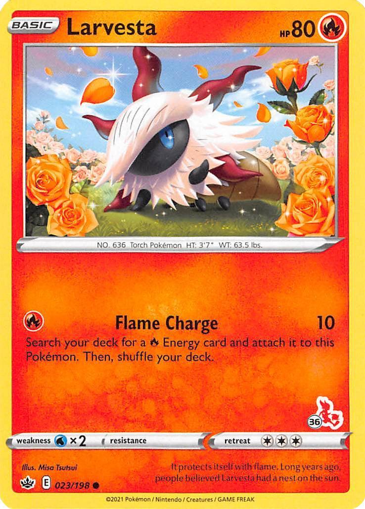23, Battle Academy 2022, Common, Fire, Normal, Water [x2] Larvesta (23/198) (Cinderace Stamp #36) [Battle Academy 2022] - Trading Card World