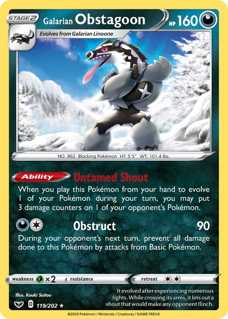 119, Darkness, Grass[×2], Normal, Rare, Sword & Shield: Base Set Galarian Obstagoon (119/202) (Theme Deck Exclusive) [Sword & Shield: Base Set] - Trading Card World